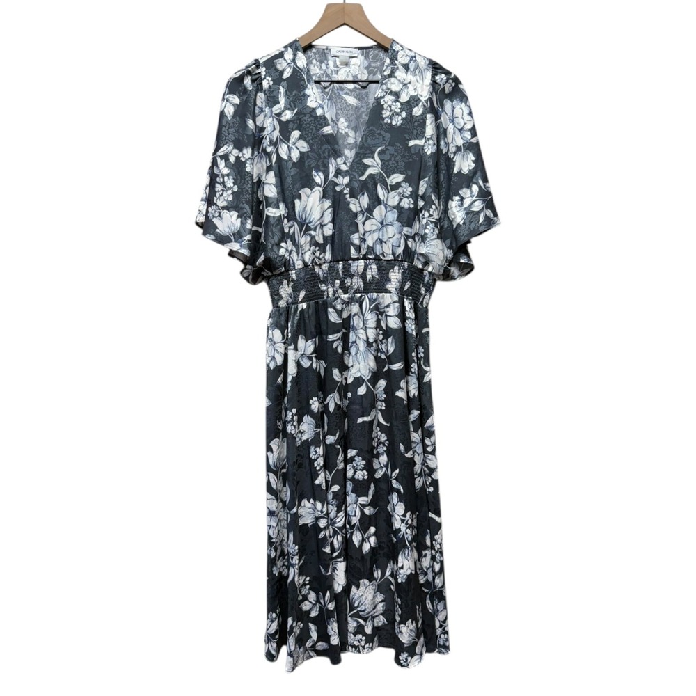 Calvin Klein Women Sz 12 Gray Blue Floral Midi Dress Bell Sleeve Flowy Metallic